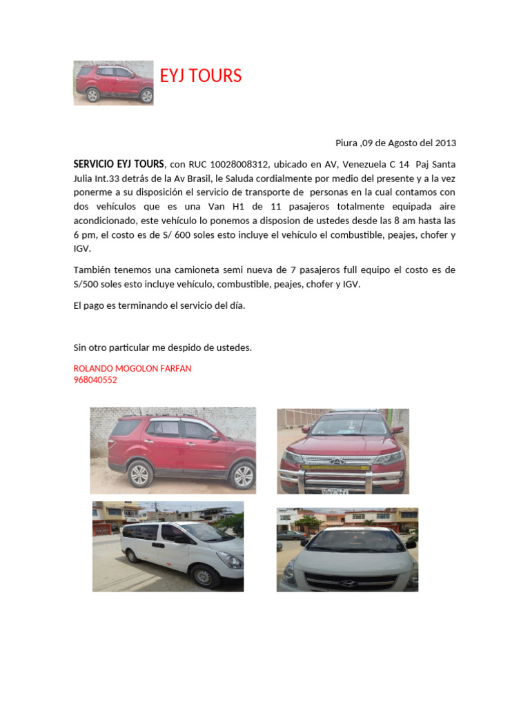 Servicios de Transporte EYJ Tours | PDF