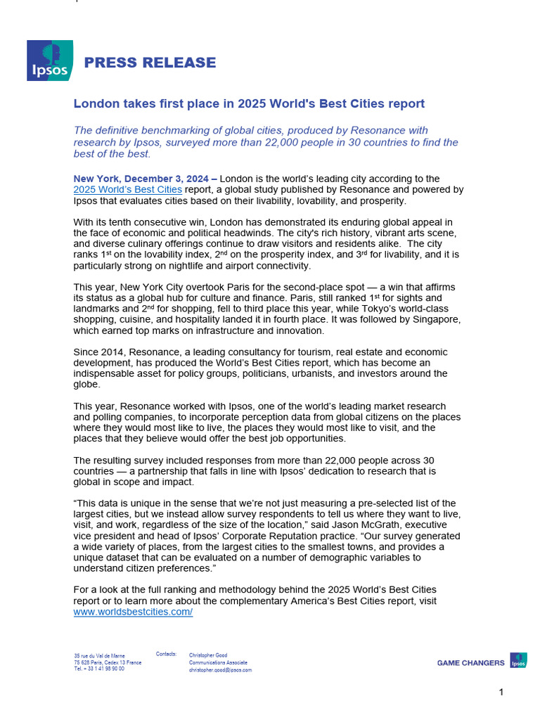 London Tops 2025 World's Best Cities Report | PDF | Economies