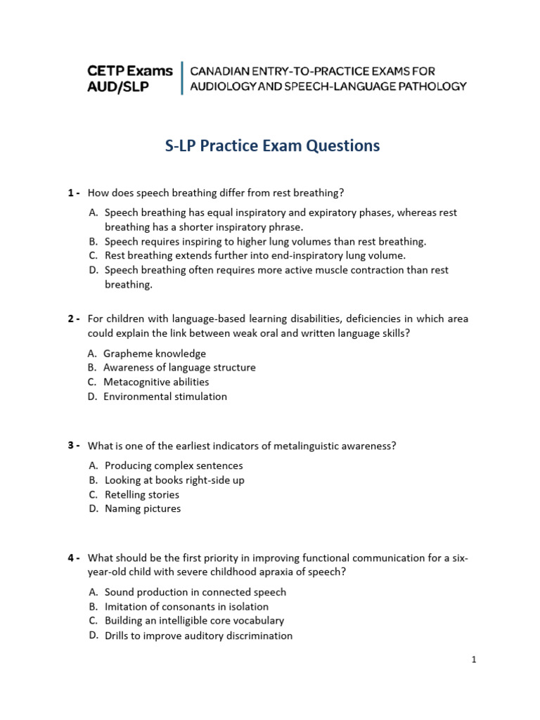S-LP Practice Exam Questions | PDF | Speech | Human Communication