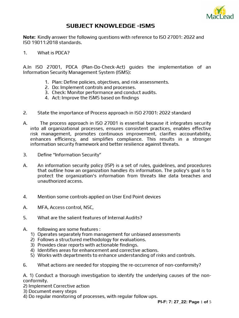 V.1 Subject Knowledge ISMS 2022 | PDF | Computer Security | Security