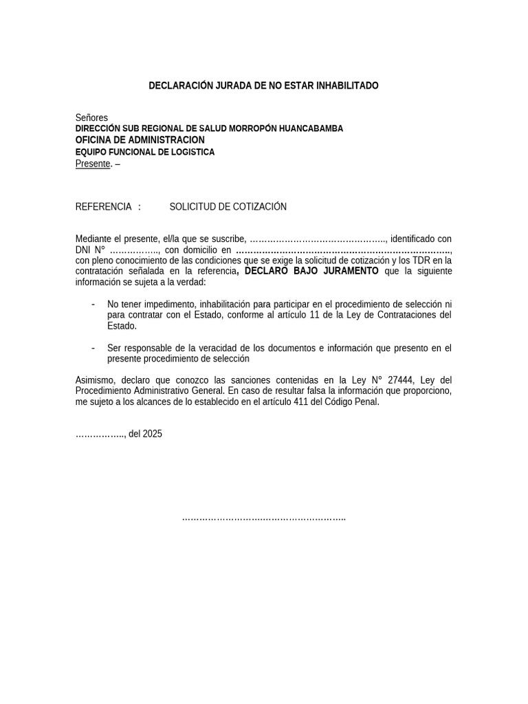Declaración Jurada de No Estar Inhabilitado | PDF