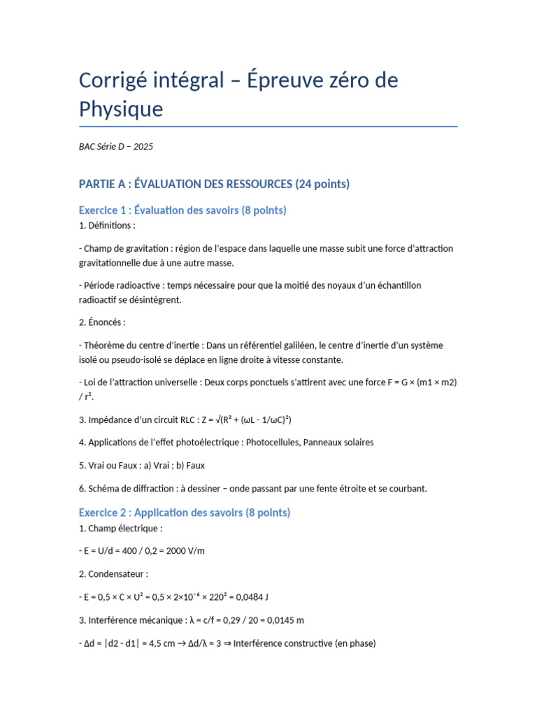 Corrigé Épreuve Zéro Physique BAC D 2025 | PDF