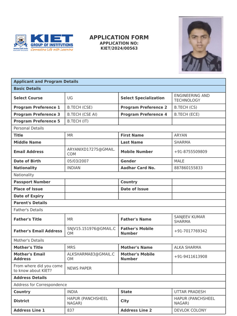 Application Form KIET 2024 00563 | PDF | Qualifications | Educational ...