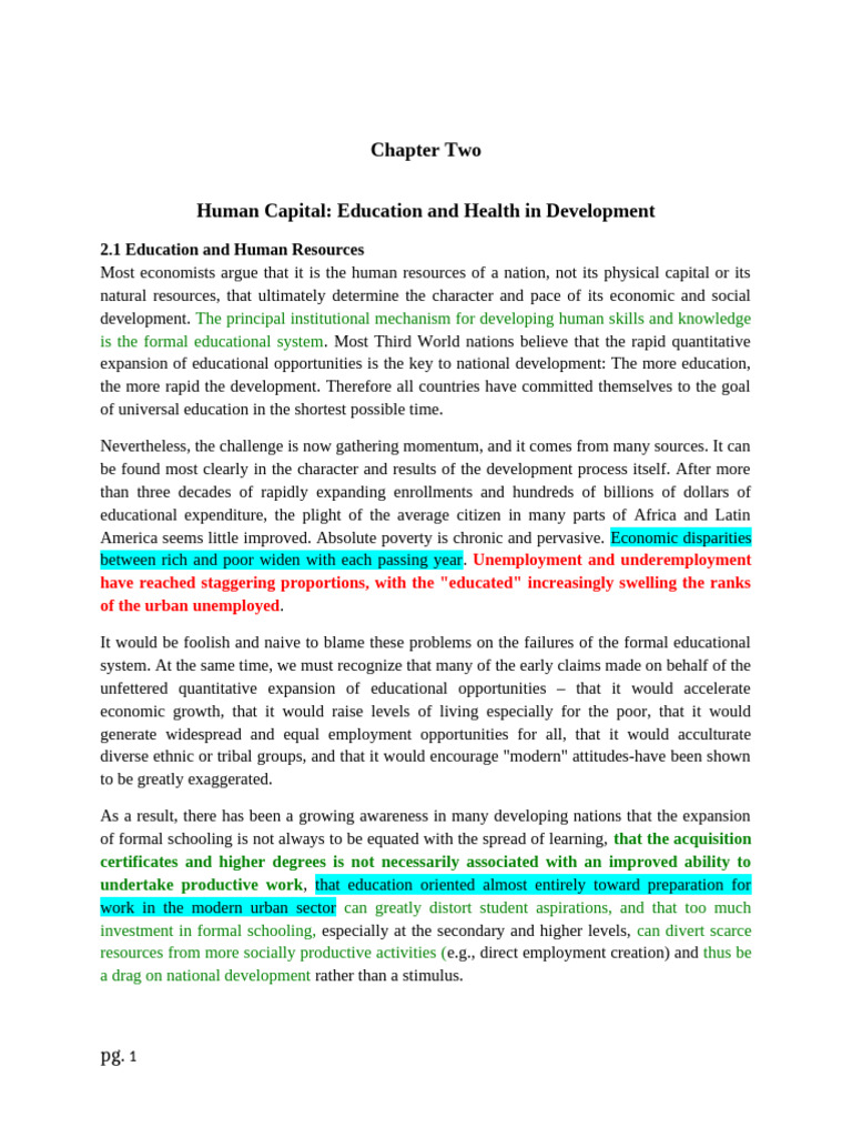 Development Economics 2 CH 2 Human Capital Education and Health | PDF ...