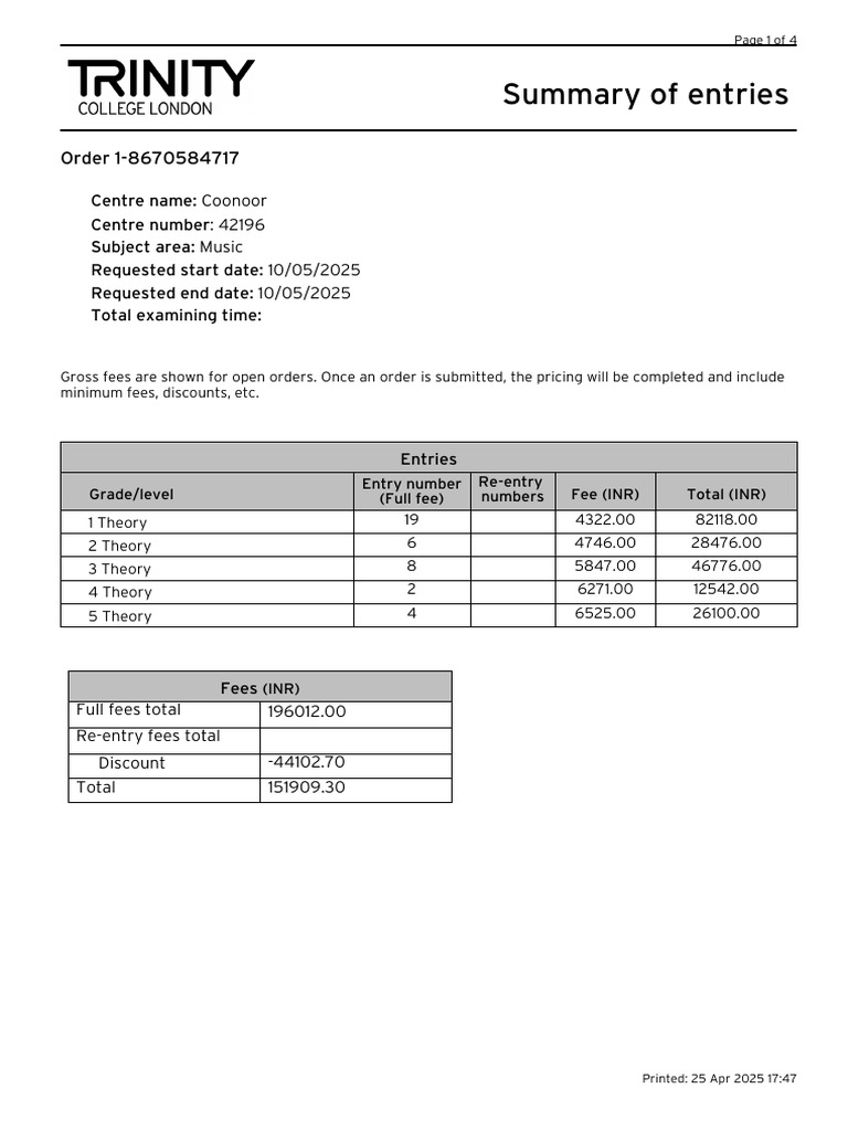 Coonoor Music Exam Entries Summary | PDF