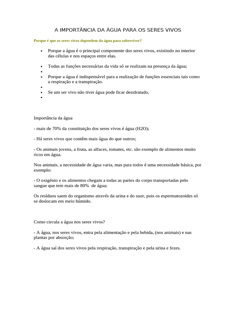 A Importância Da Água para Os Seres Vivos | PDF | Água | Ciclo da água