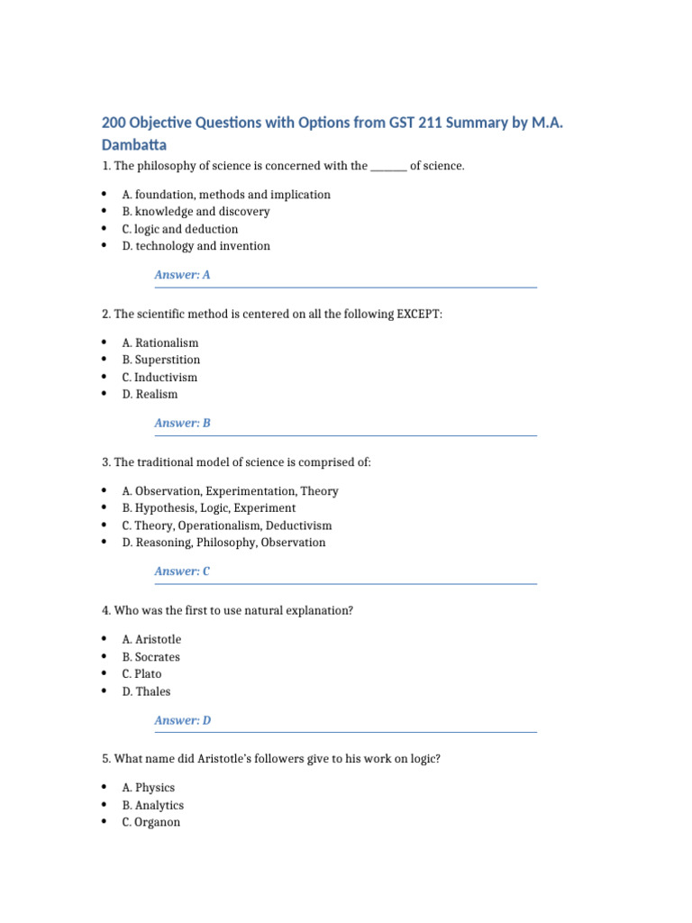 GST 211: 200 Objective Questions | PDF | Science | Reason