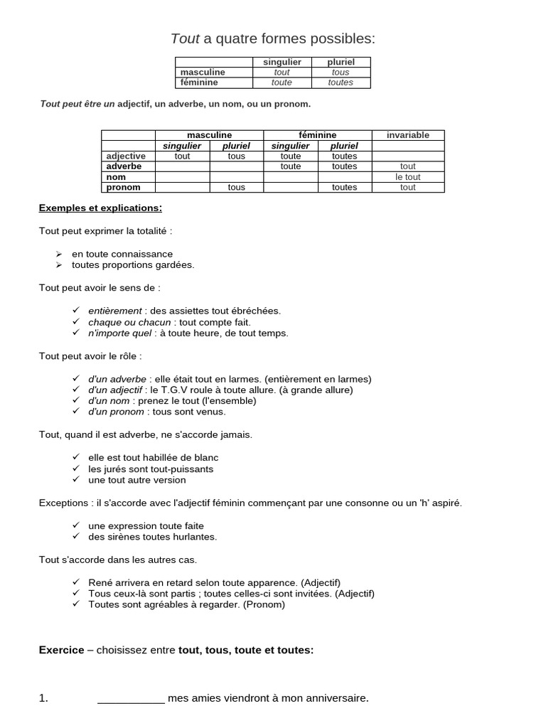 Tout Toute Tous Toutes | PDF | Nombre grammatical | Adverbe