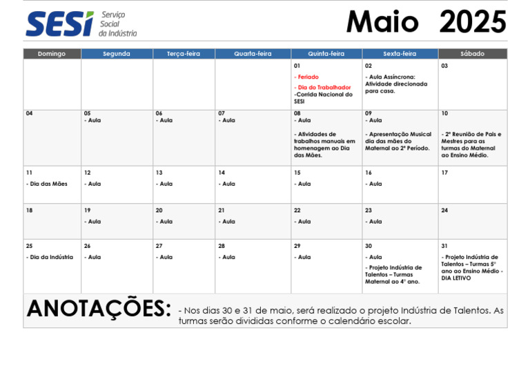Calendário de Atividades de Maio 2025 | PDF