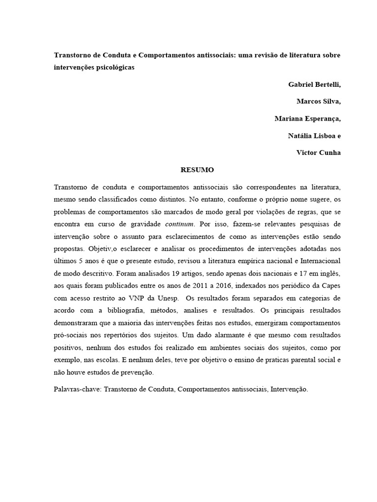 Intervenções em Transtorno de Conduta | PDF | Distúrbio mental ...