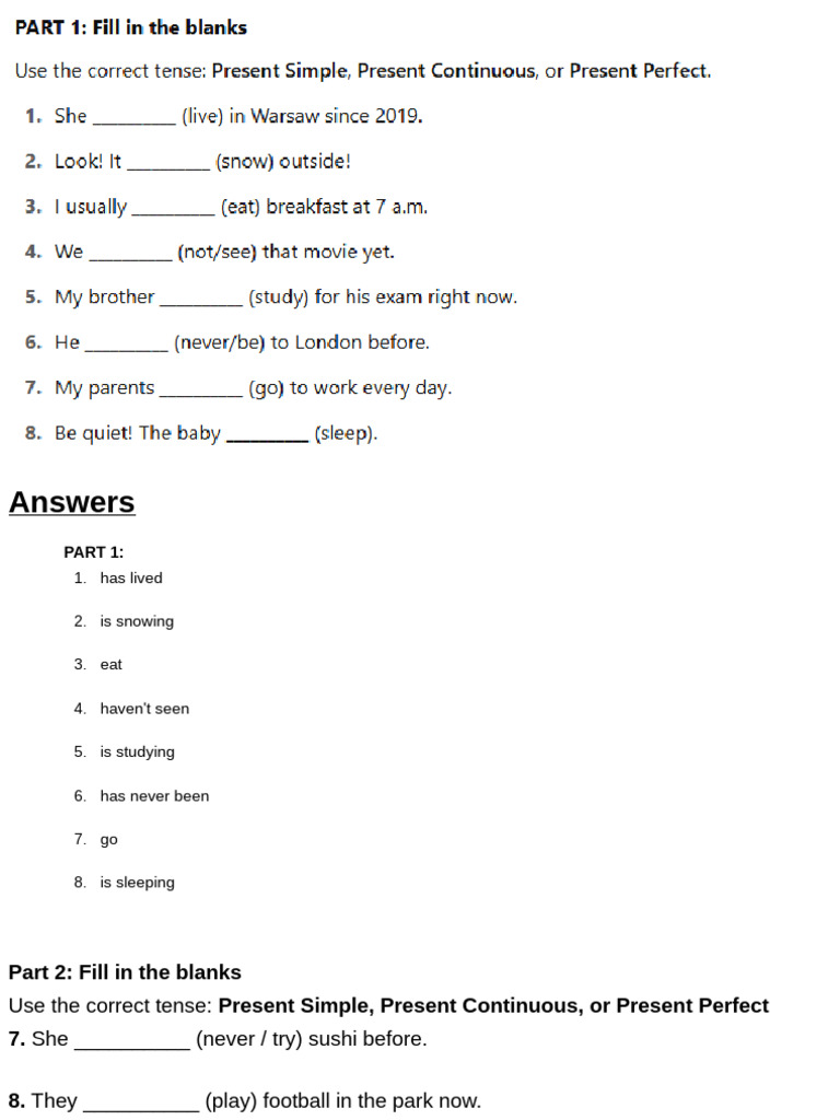 English Tenses Practice Answers | PDF
