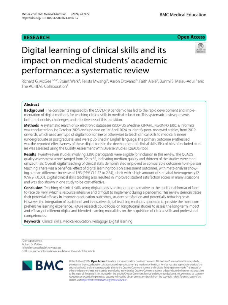 Digital Learning in Clinical Skills Training | PDF | Systematic Review ...