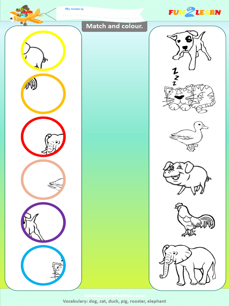 Match Colour Worksheet Cat Dog Pig Rooster Elephant Duck f2l en | PDF