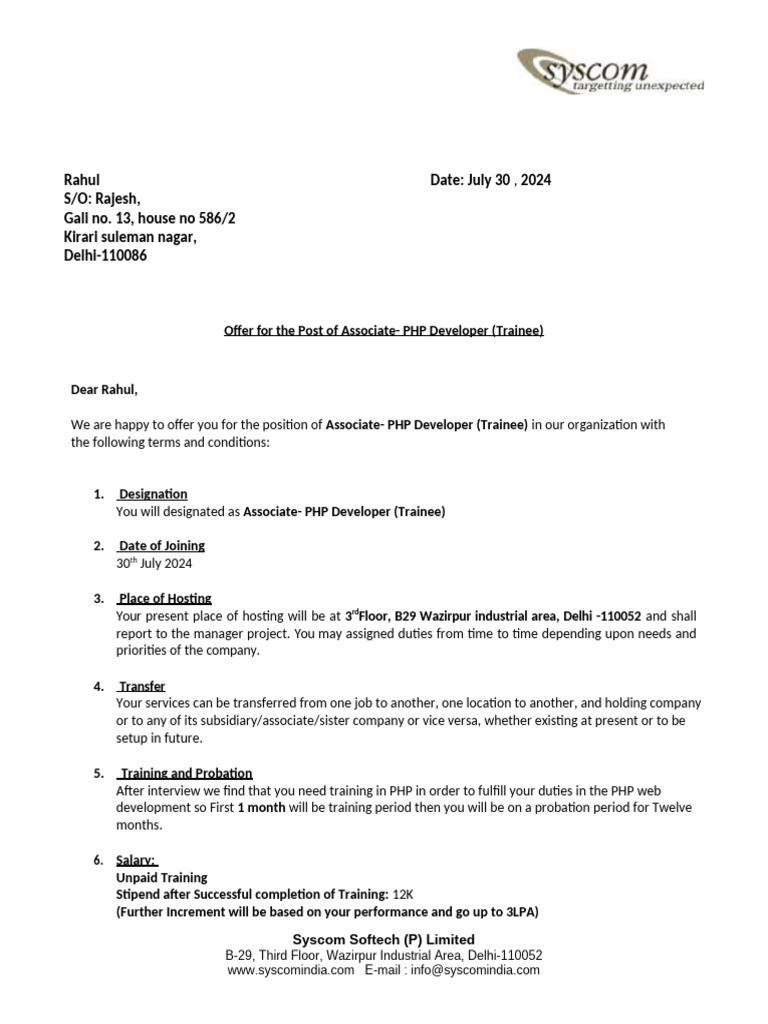 PHP Developer Trainee Offer Letter | PDF | Employment | Private Law