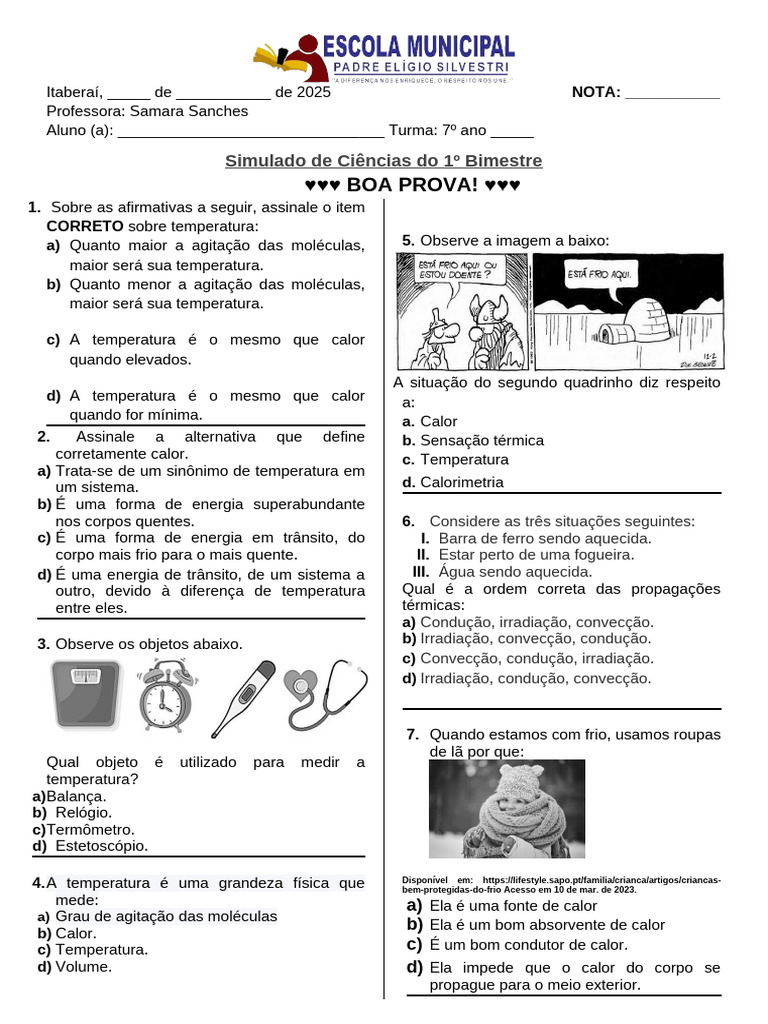 Simulado de Ciências 7º Ano: Temperatura e Calor | PDF | Calor ...