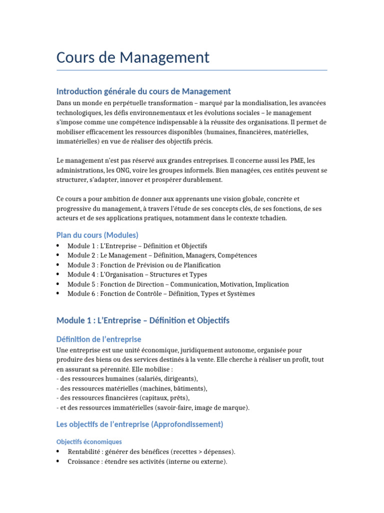 Cours de Management : Concepts et Objectifs | PDF | Business | Économie