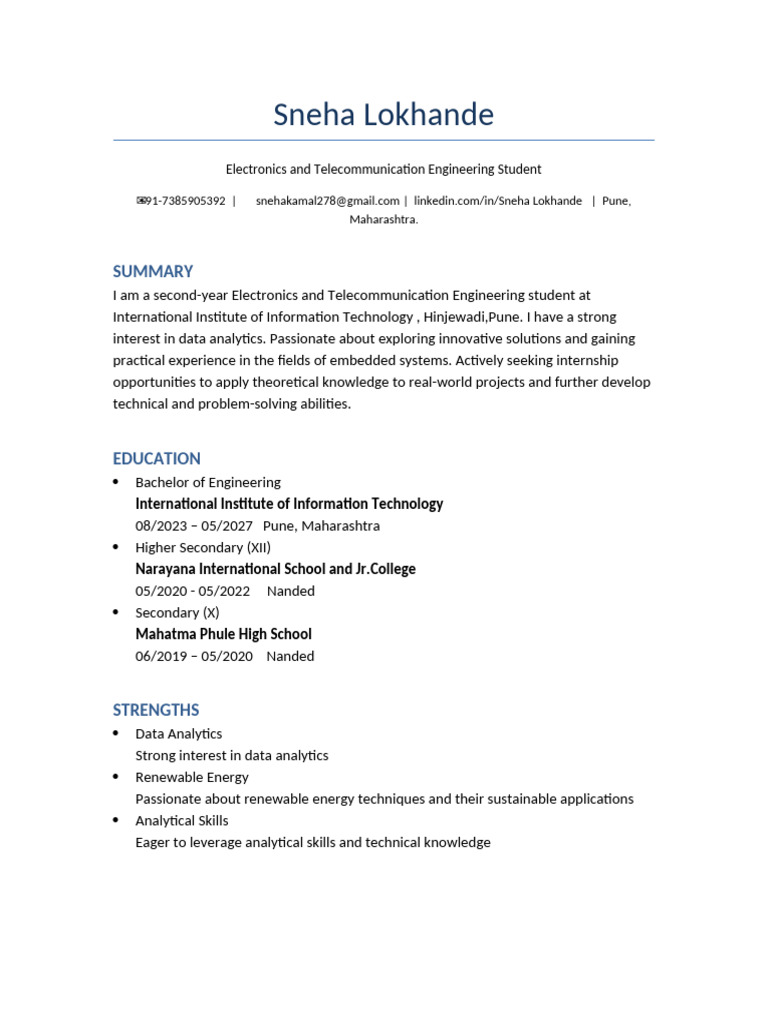 Sneha Lokhande: Engineering Student Profile | PDF
