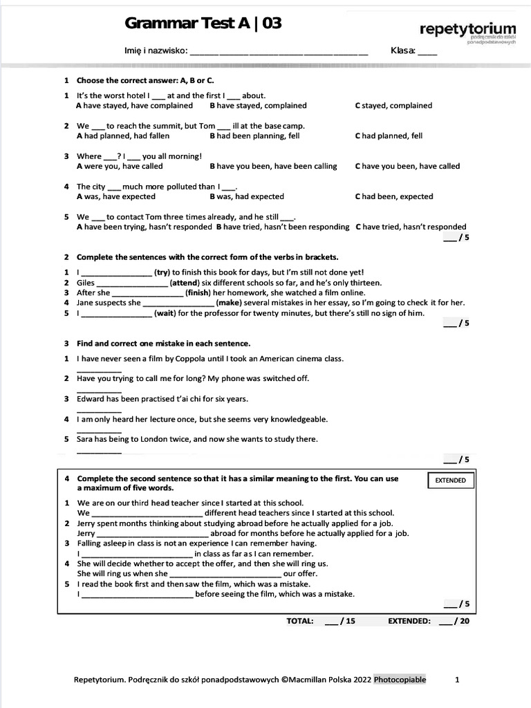 Grammar Test A: Practice Exercises | PDF | Grammar | Linguistics