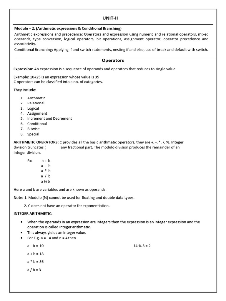 Unit-II - PPS Notes - EC - II Sem | PDF | Control Flow | Integer ...