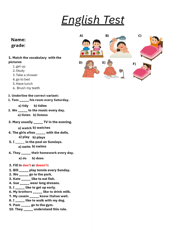 Present Simple Exam | PDF