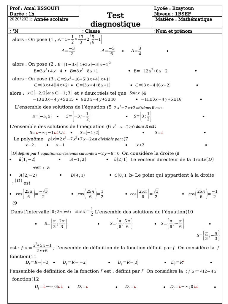 Test diagnostique maths 1BSEF 2021 | PDF | Mathématiques | Analyse ...
