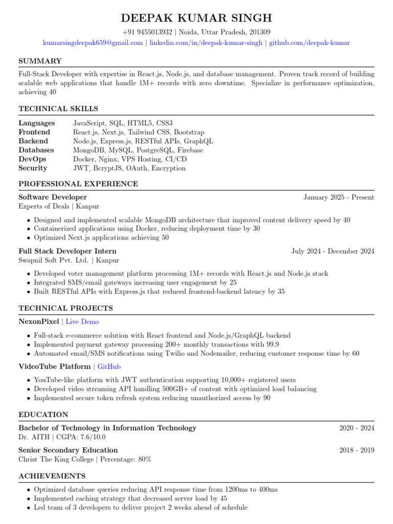 Deepak Kumar Singh: Full-Stack Developer | PDF | Databases | Mongo Db