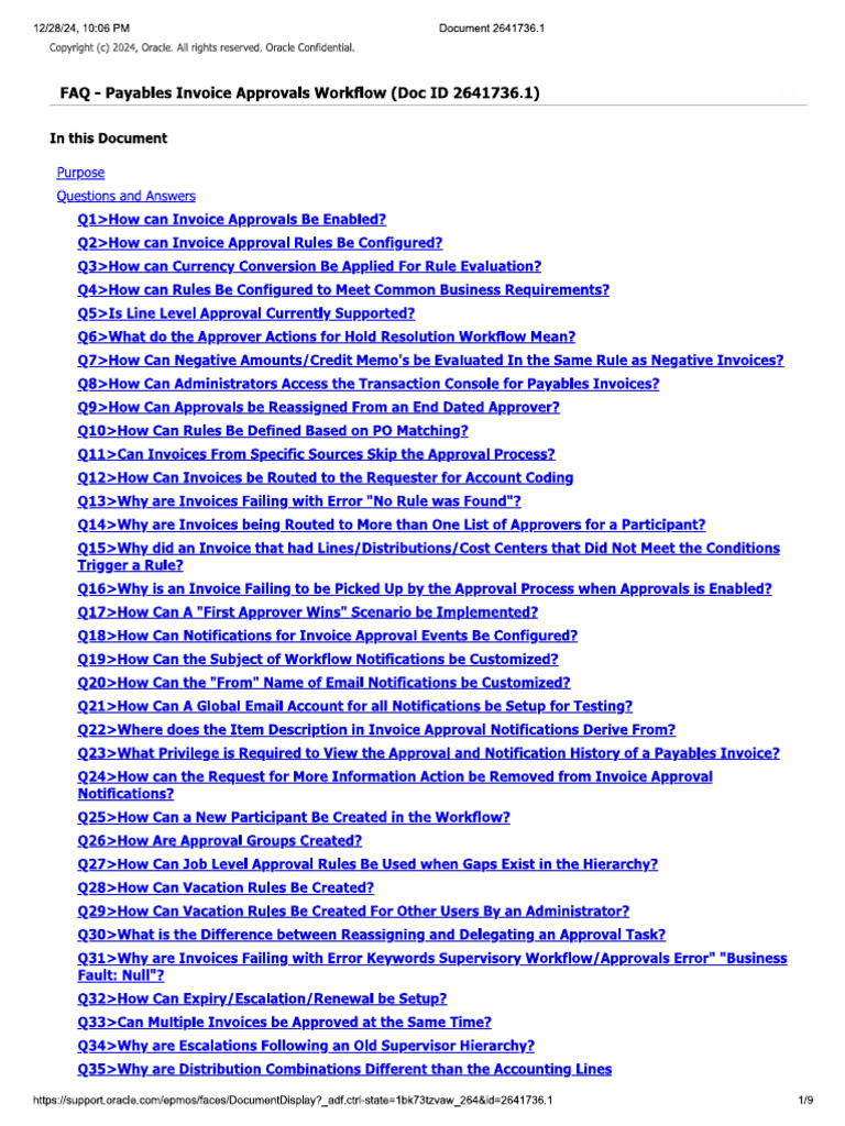 FAQ - Payables Invoice Approvals Workflow - Doc ID 2641736.1 | PDF