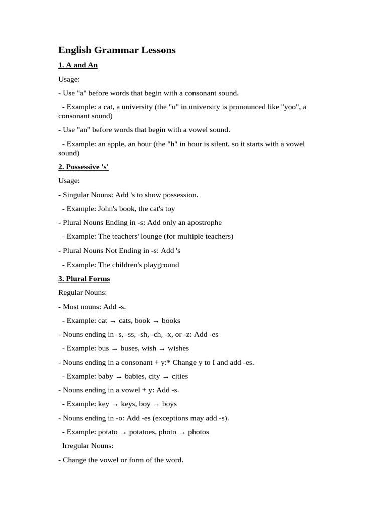 English Grammar Lessons | PDF | Subject (Grammar) | Plural