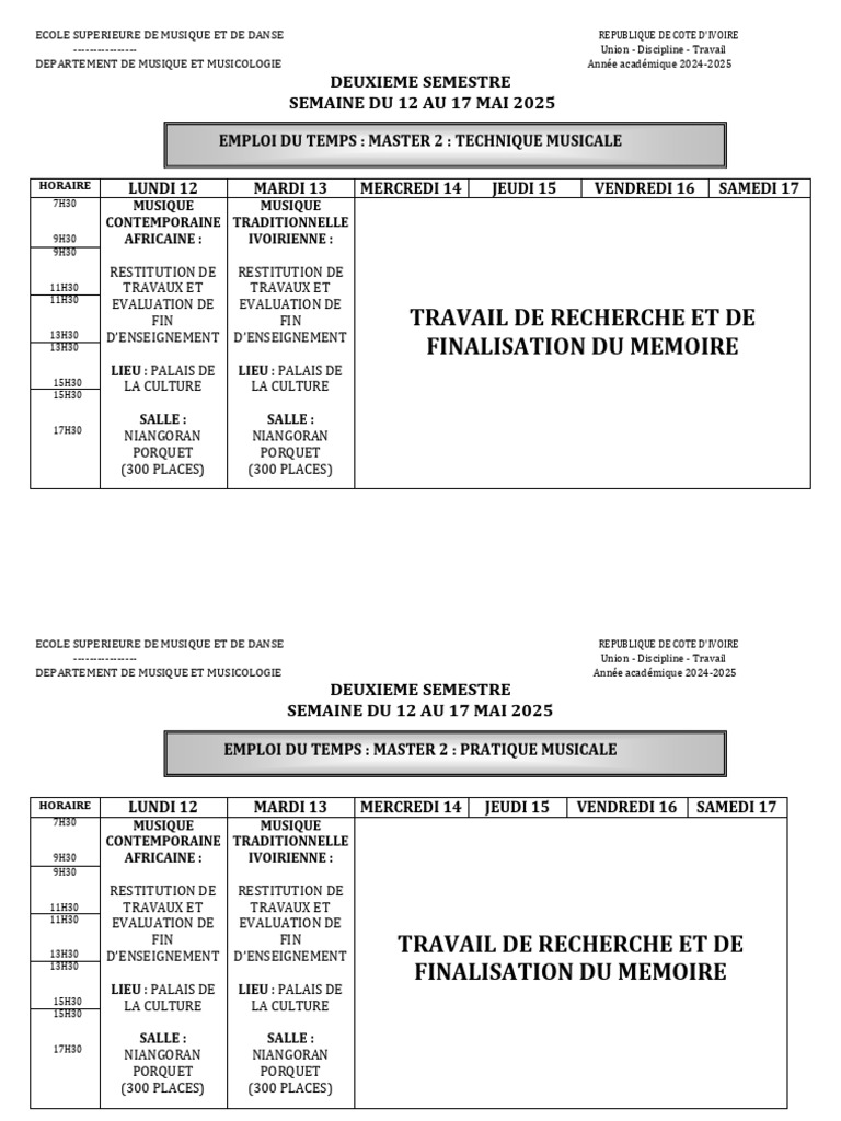 Emploi du temps Master 2 Musique 2025 | PDF | Musicologie