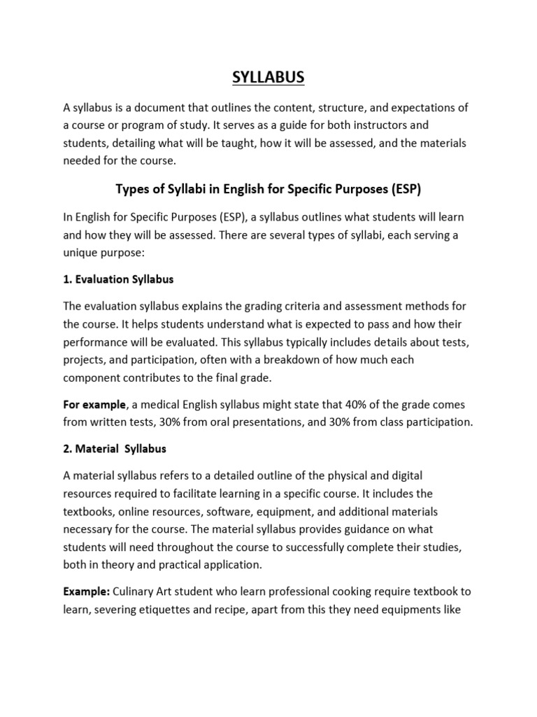 Types of ESP Syllabi and Assessments | PDF | Educational Assessment ...