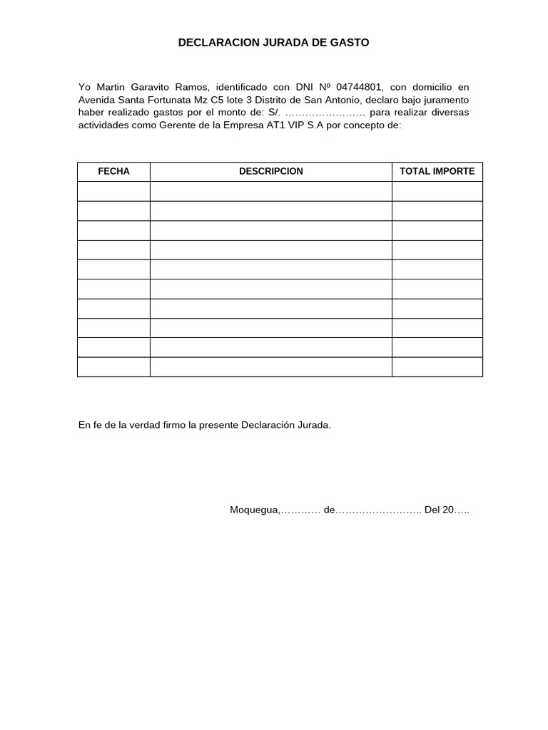 Declaración Jurada de Gastos | PDF