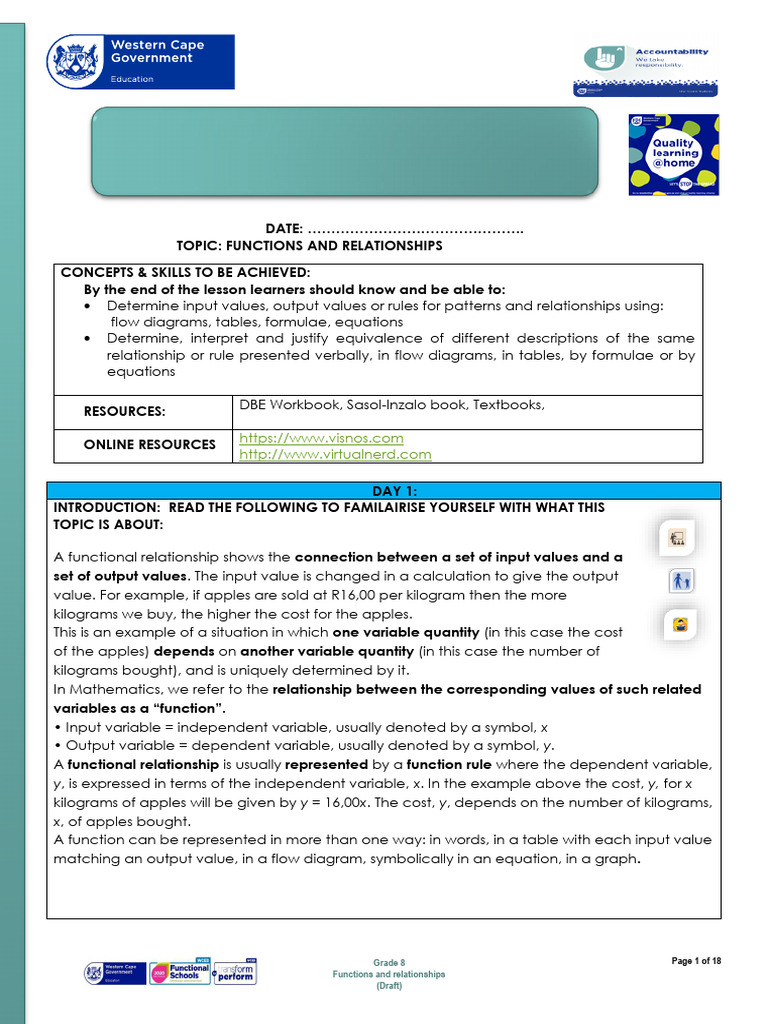 Grade 8 Functions and Relationships Guide | PDF | Function (Mathematics ...