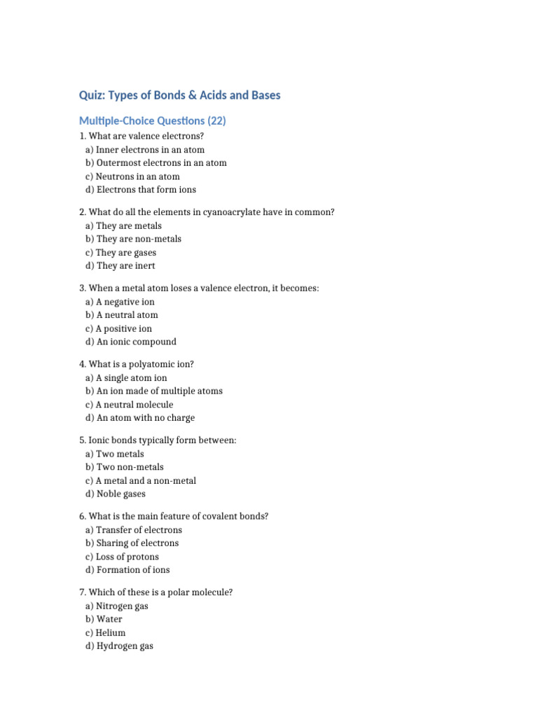 Quiz Types of Bonds and Acids and Bases Practice | PDF | Ion | Chemical ...