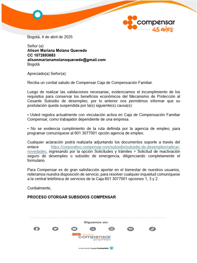 Suspensión de Subsidio de Desempleo Compensar | PDF