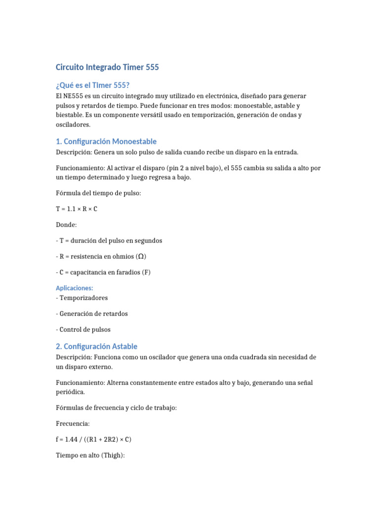 Uso del Timer 555 en Electrónica | PDF