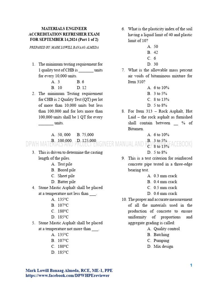 Materials Engineer Accreditation Exam 2024 | PDF | Concrete | Road Surface