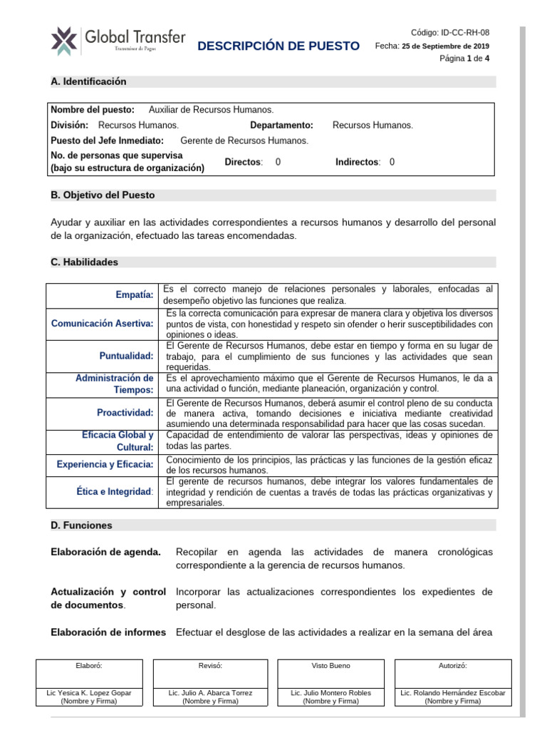 Descripción del Puesto: Auxiliar RRHH | PDF | Gestión de recursos humanos