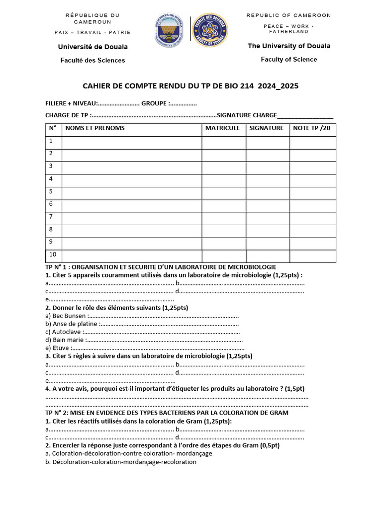 Cahier de TP Bio 214 - 2024/2025 | PDF | Microbiologie | Biologie
