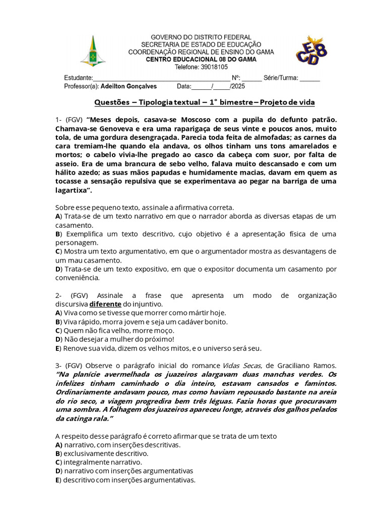 Questões sobre Tipologia Textual 1º Bimestre | PDF