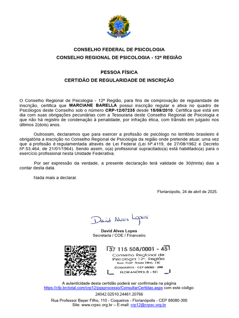 Certidão de Regularidade CRP-12 | PDF