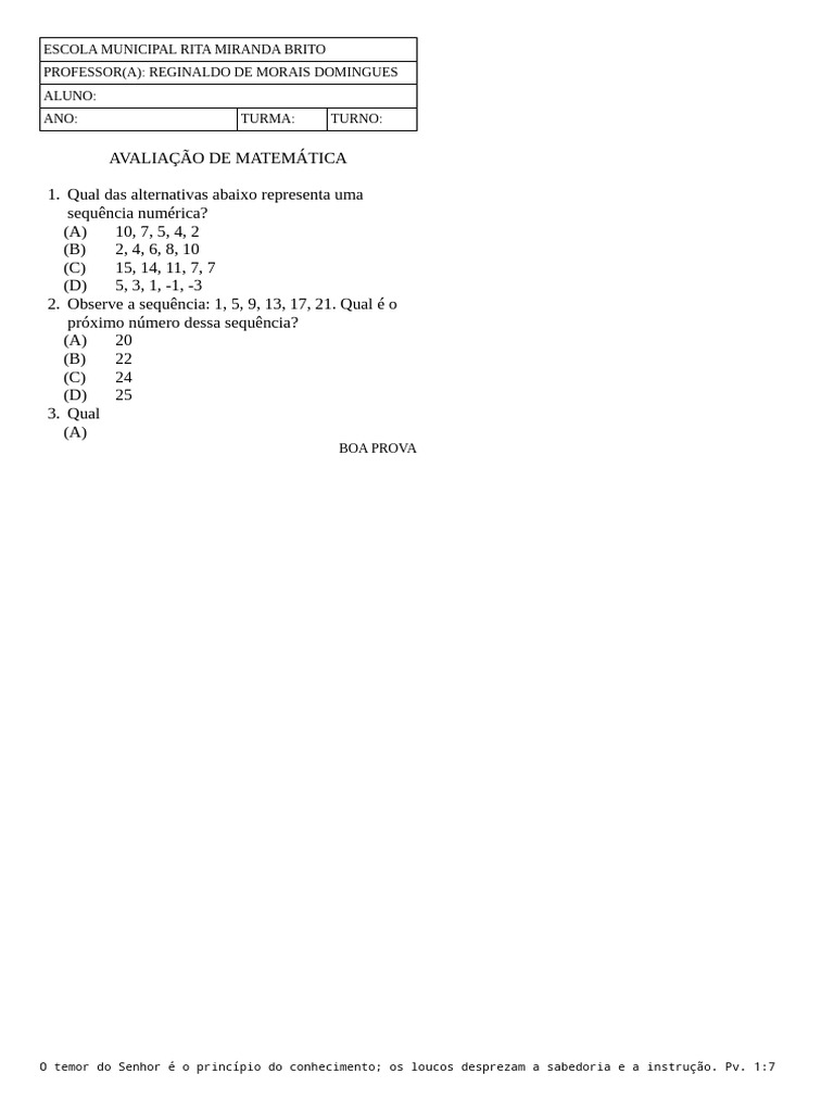 Avaliação de Matemática - Escola Rita Miranda | PDF