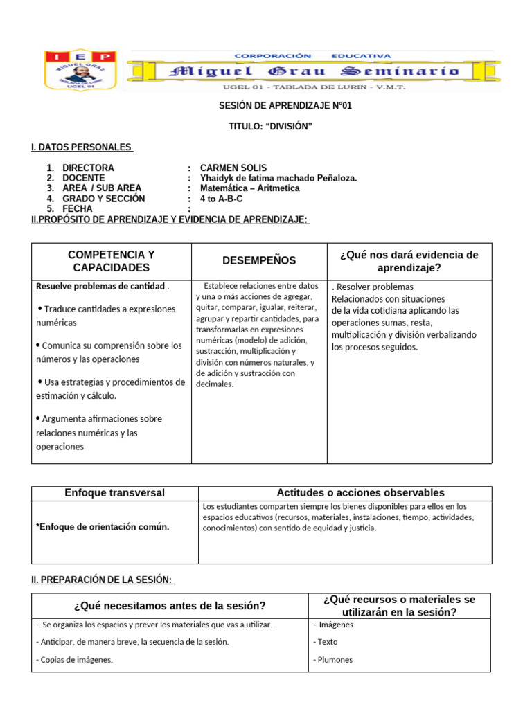 SESIÓN DE APRENDIZAJE Division 4to Aritmetica | PDF | Aprendizaje ...