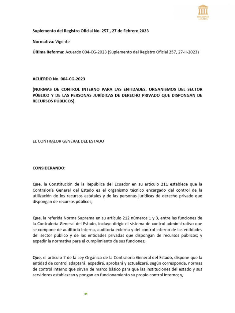 Normas de Control Interno Ecuador 2023 | PDF | Presupuesto ...