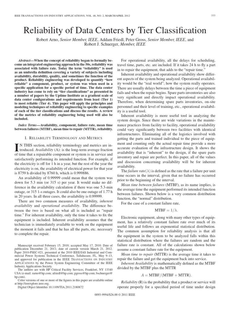 Data Center Reliability by Tier Classifications | PDF | Reliability ...