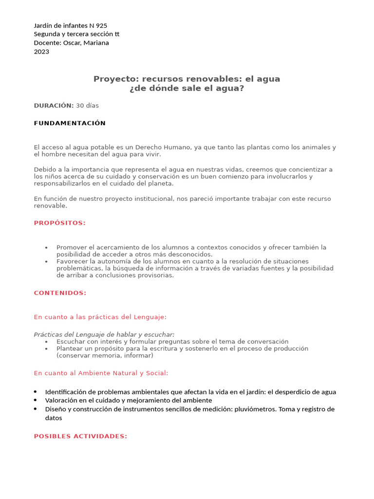 Proyecto Educativo sobre el Agua | PDF | Educación de la primera ...