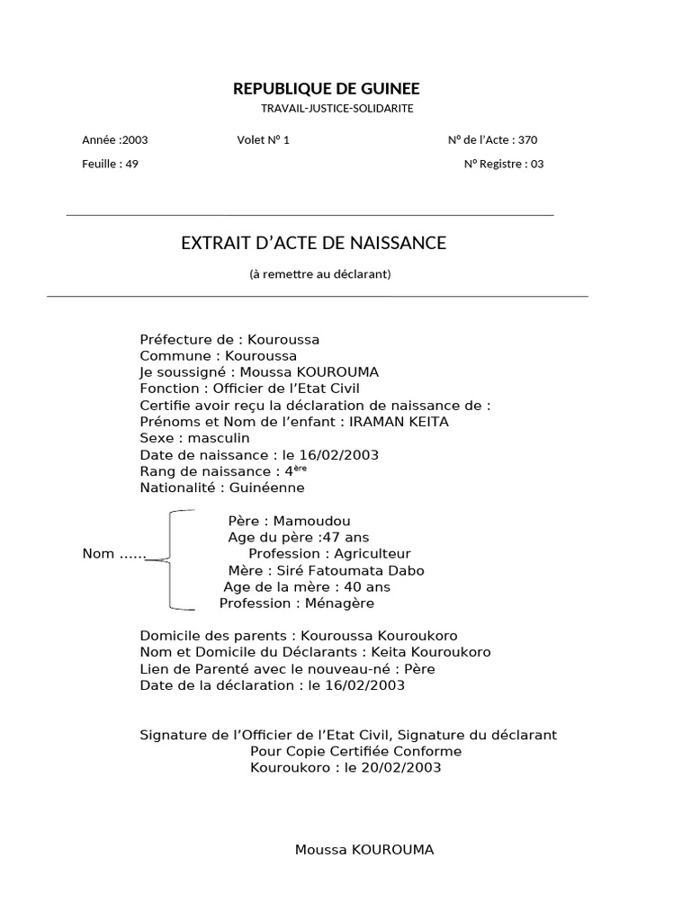 Extrait d'acte de naissance guinéen | PDF