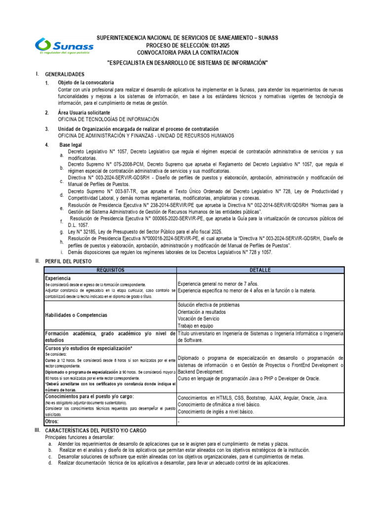 Sunass-Especialista en Desarrollo de Sistemas de Información | PDF