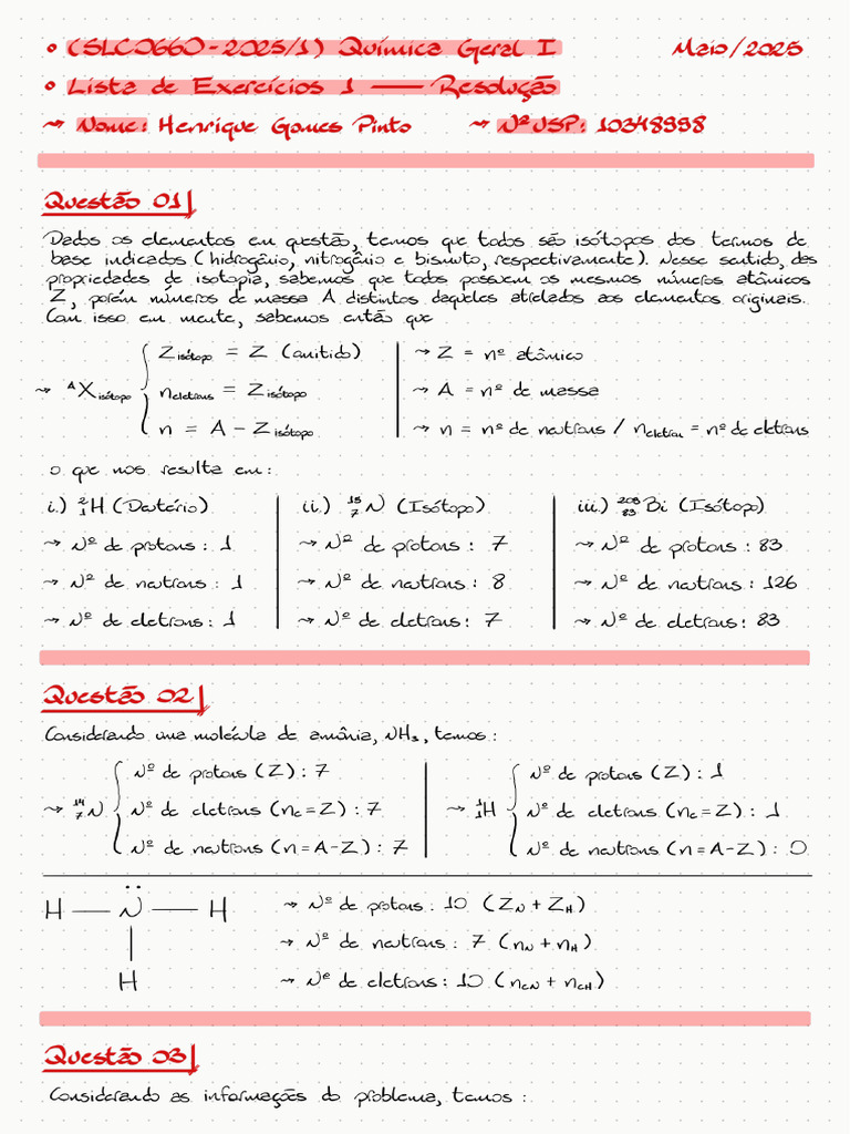 Química Geral I - Lista 1 (Incompleta) | PDF