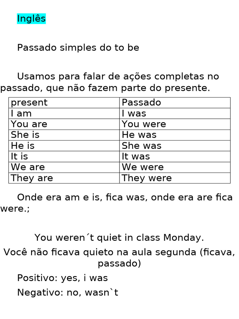 Passado Simples do Verbo To Be | PDF
