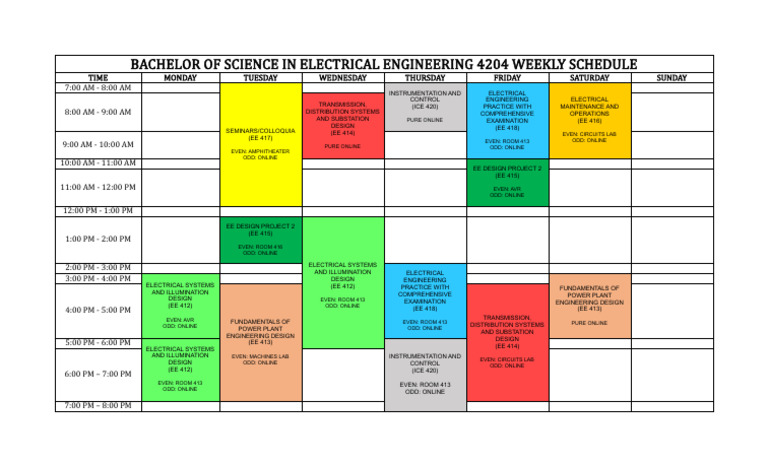 Bachelor of Science in Electrical Engineering 4204 Weekly Schedule | PDF